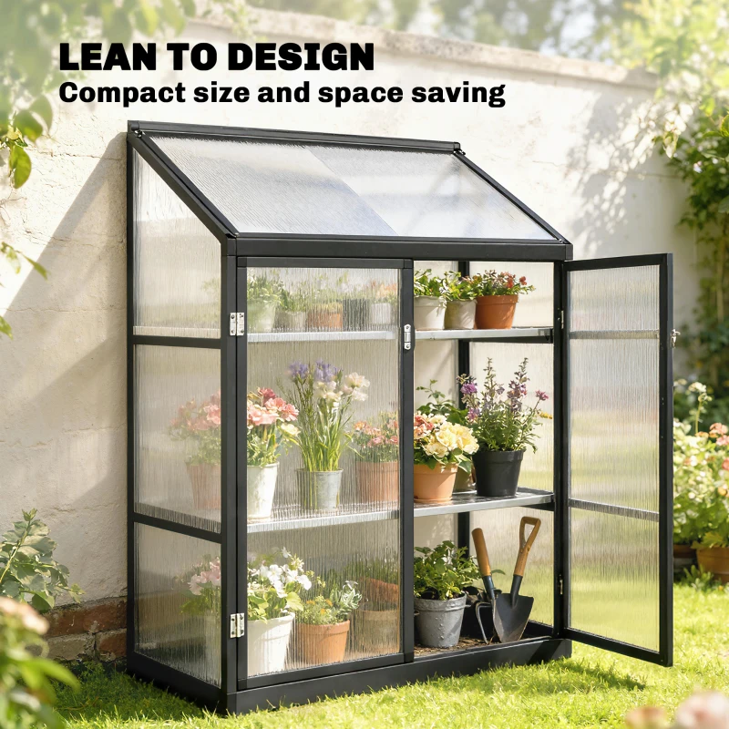 Outsunny Polycarbonate Greenhouse with 2-Tier Shelves Gardening Green House for Patio Garden, Black