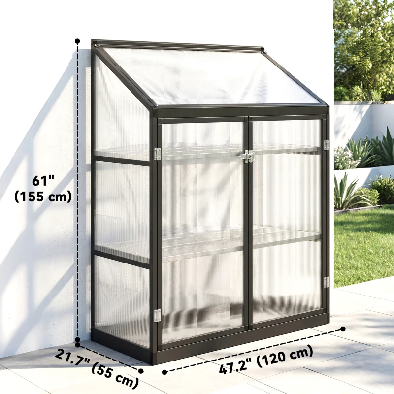 Outsunny Polycarbonate Greenhouse with 2-Tier Shelves Gardening Green House for Patio Garden, Black