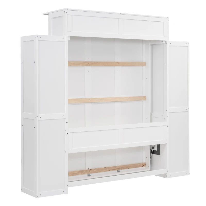Full Size Murphy Bed with Shelves and LED Lights, Space-Saving Wall Bed with Flexible Slats, 87" L x 81" W x 83.5" H, White