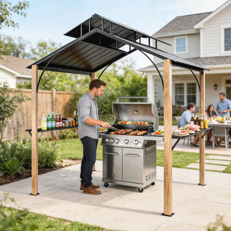 Outsunny 8 x 6ft Hardtop Grill Gazebo, BBQ Gazebo with Metal Double Roof, Outdoor Grill Canopy with Wood-Grain Aluminum Frame