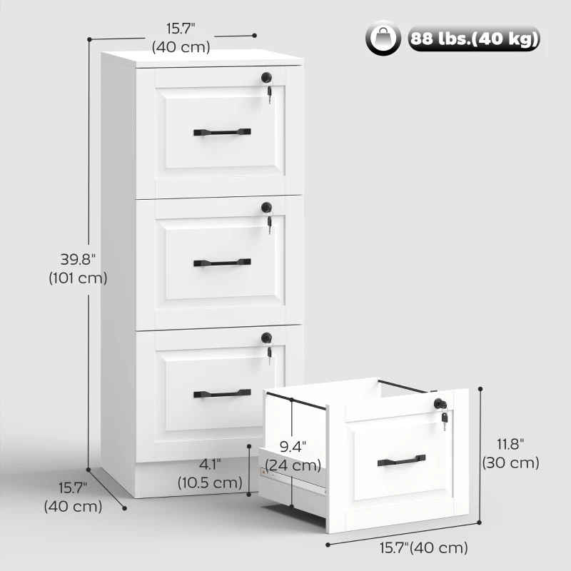 HOMCOM 3 Drawer File Cabinet with Lock, Vertical Filing Cabinet with Adjustable Hanging Bars for A4 and Letter Size, White