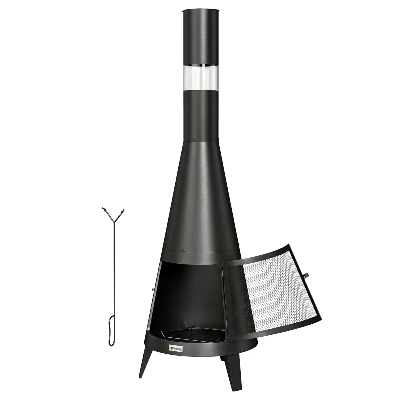 Outsunny Wood Burning Firepit with Chimney, Outdoor Fire Pit with Poker, Mesh Screen, Black