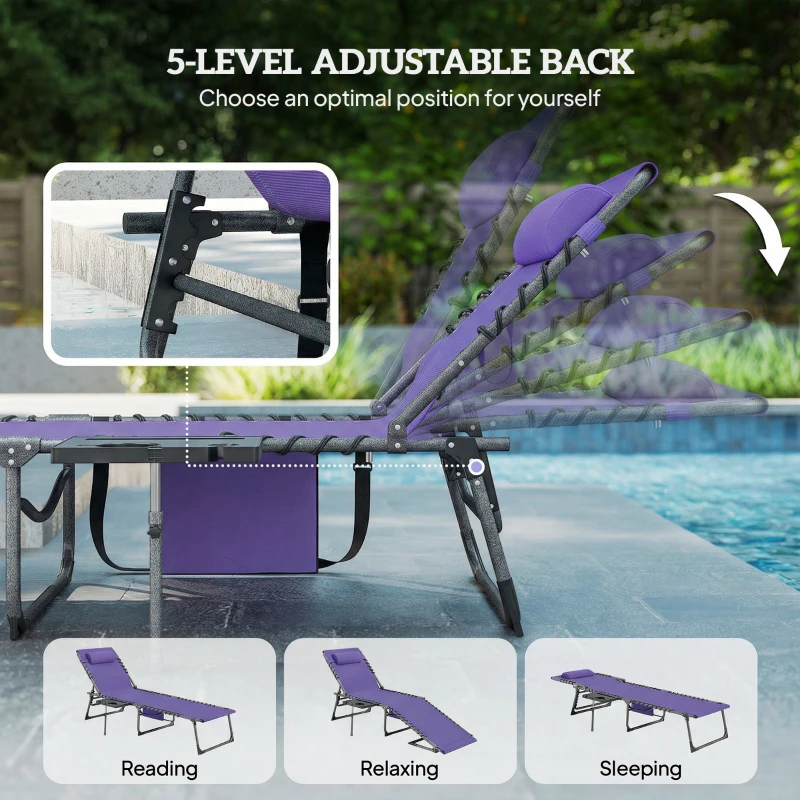 Outsunny Folding Outdoor Chaise Lounge Chair Tanning Chair with 5-Level Adjustable Back, Side Table, Pillow, Pocket, Purple