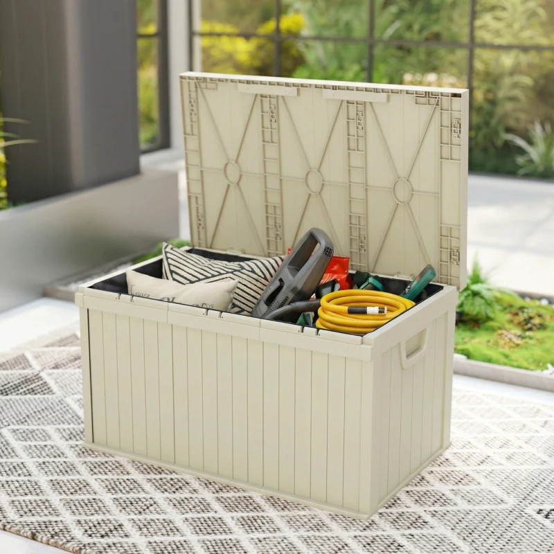 Outsunny 70 Gallon Deck Box, Resin Outdoor Storage Box with Handles, Waterproof Storage Container for Garden Tools, Sand
