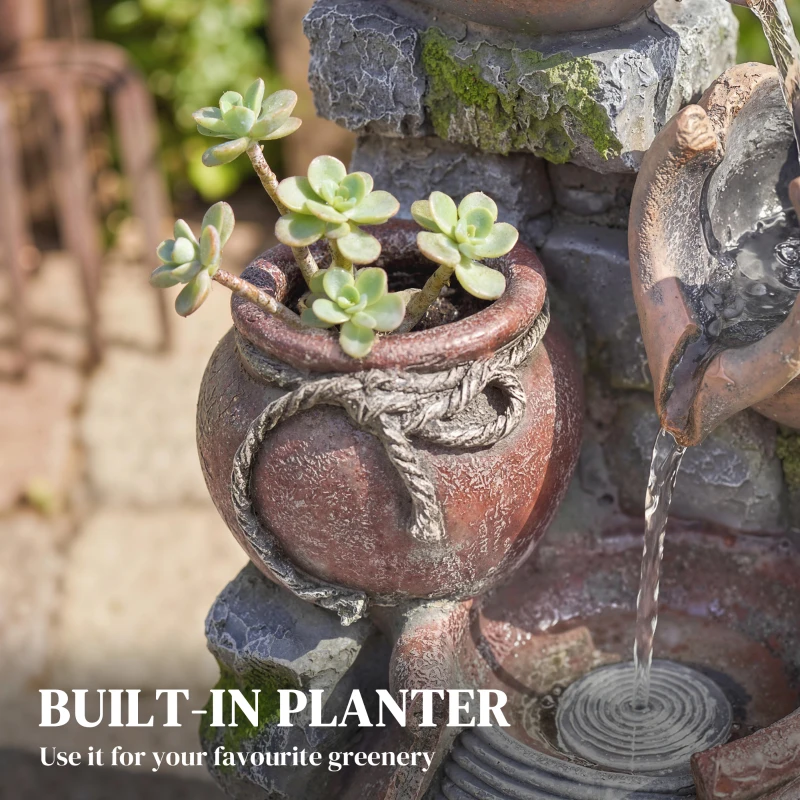 Outsunny Outdoor Fountain with 4-Tier Rustic Pot Design, Cascading Rock Waterfall with LED Lights and Adjustable Flow