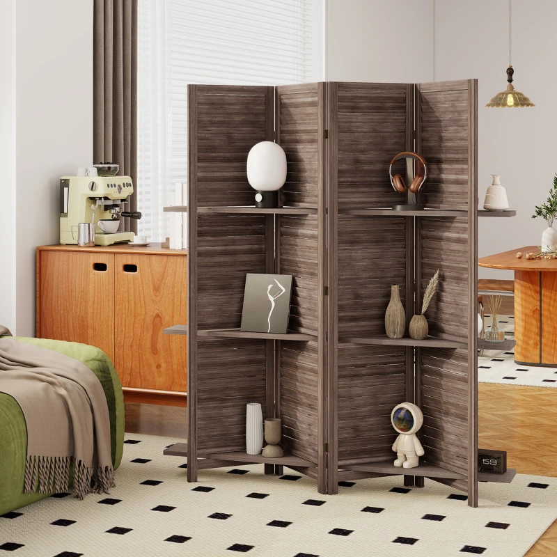 HOMCOM 4 Panel 67" Tall Wood Privacy Screen Room Divider with 3 Shelves and Folding Storage for Bedroom, Walnut