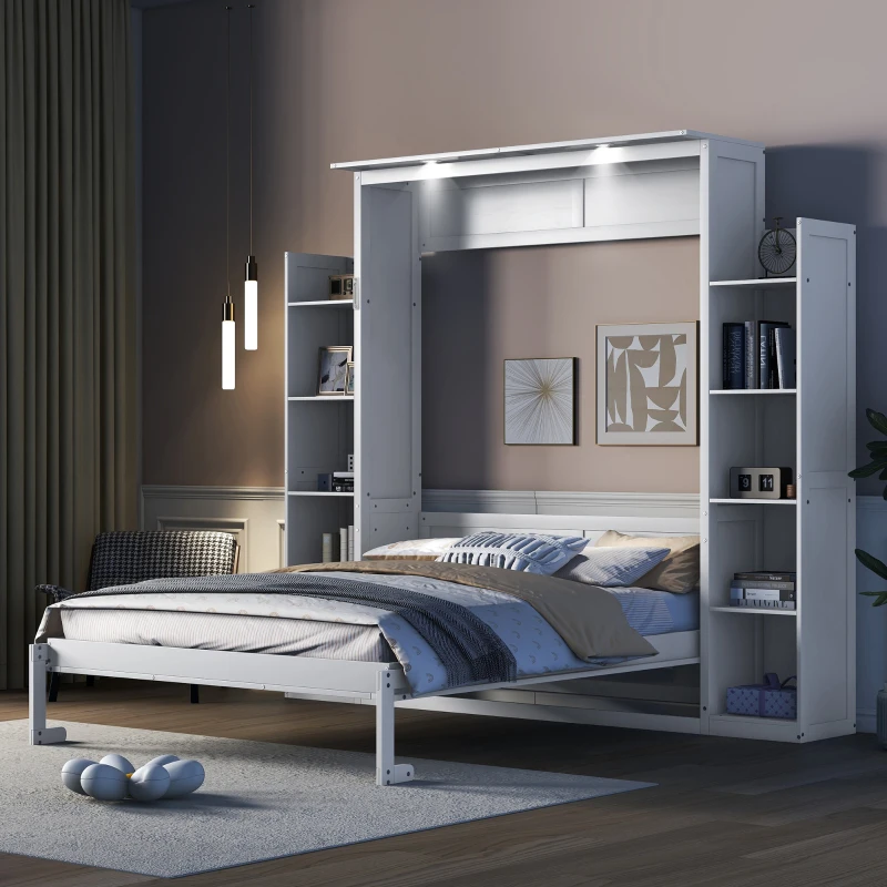 Queen Size Murphy Bed with Shelves and LED Lights, Space-Saving Wall Bed with Flexible Slats, 93.5" L x 84.5" W x 88.5" H, White