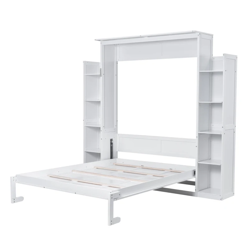 Queen Size Murphy Bed with Shelves and LED Lights, Space-Saving Wall Bed with Flexible Slats, 93.5" L x 84.5" W x 88.5" H, White