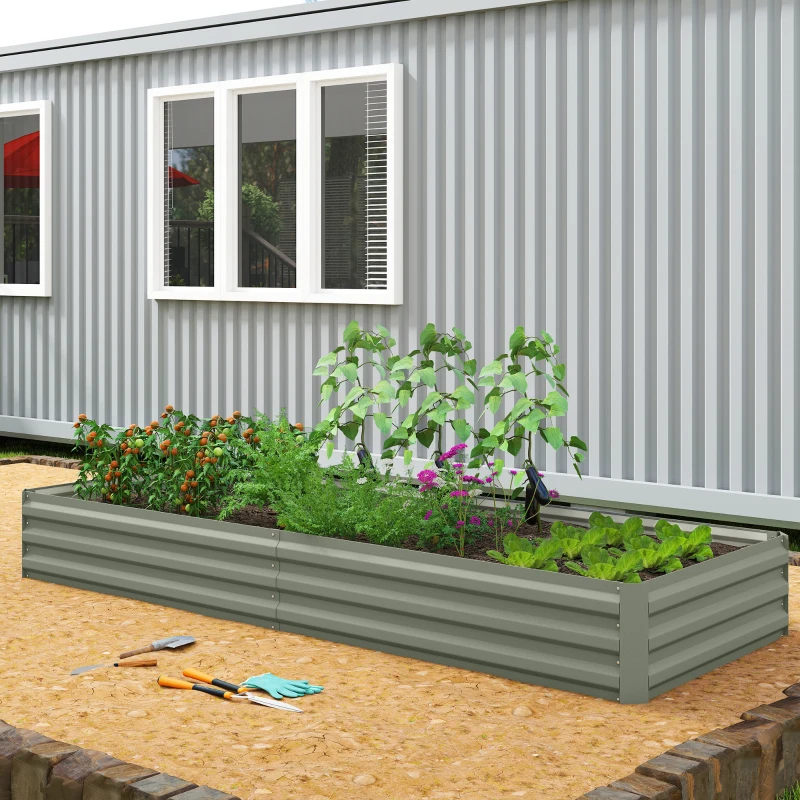 Outsunny 8 x 3 x 1ft Galvanized Raised Garden Bed, Metal Elevated Planter Box for Growing Flowers, Herbs, Succulents, Light Grey