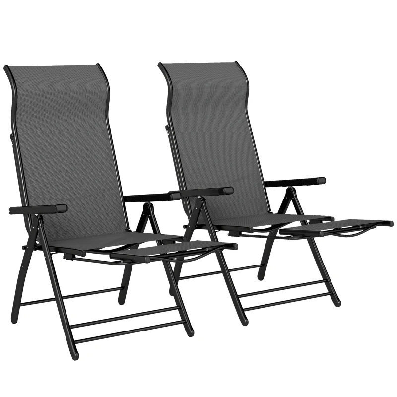 Outsunny Folding Patio Chairs Set of 2, 5-Position Outdoor Lounge Chairs with High Back, Retractable Footrest, Dark Grey