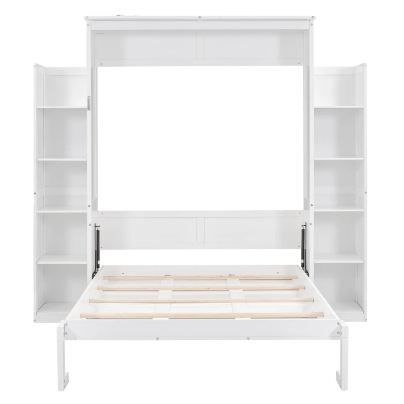 Full Size Murphy Bed with Shelves and LED Lights, Space-Saving Wall Bed with Flexible Slats, 87" L x 81" W x 83.5" H, White
