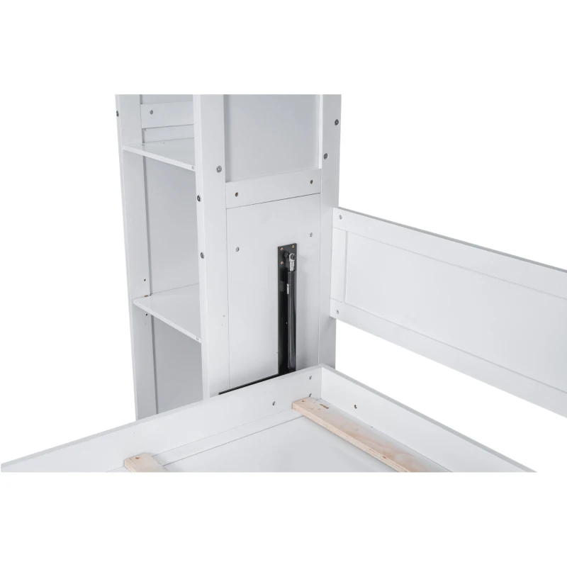 Queen Size Murphy Bed with Shelves and LED Lights, Space-Saving Wall Bed with Flexible Slats, 93.5" L x 84.5" W x 88.5" H, White