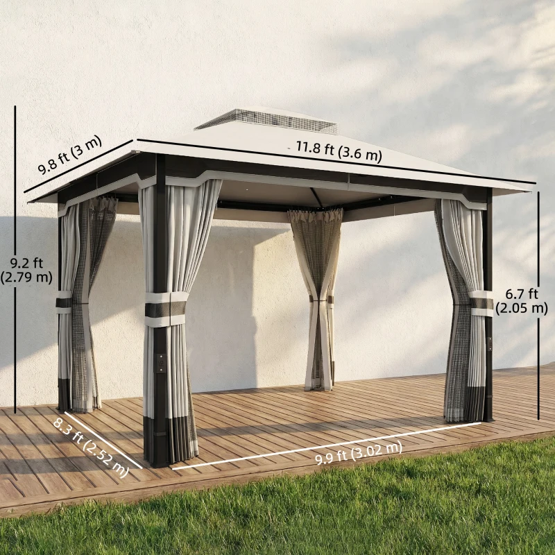 Outsunny 10' x 12' Patio Gazebo, Double Roof Outdoor Gazebo Canopy Shelter with Netting and Curtains, Steel Frame, Light Grey