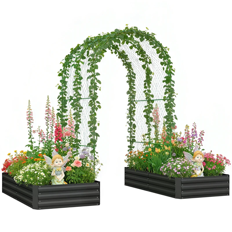 Outsunny Metal Raised Garden Bed with Trellis, Galvanized Garden Bed Kit Outdoor Garden Box with Trellis, Black