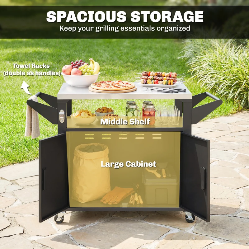 Outsunny Outdoor Grill Cart with Stainless Steel Tabletop, 3-Shelf Pizza Oven Stand with Storage Cabinet, Wheels, Black