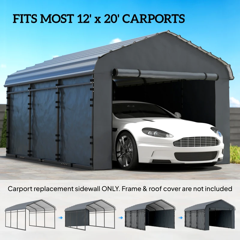 Outsunny Carport Replacement Canopy Cover Sidewalls for 12' x 20' Carport, UPF50+ Waterproof Garage Car Shelter Tarp, Dark Grey