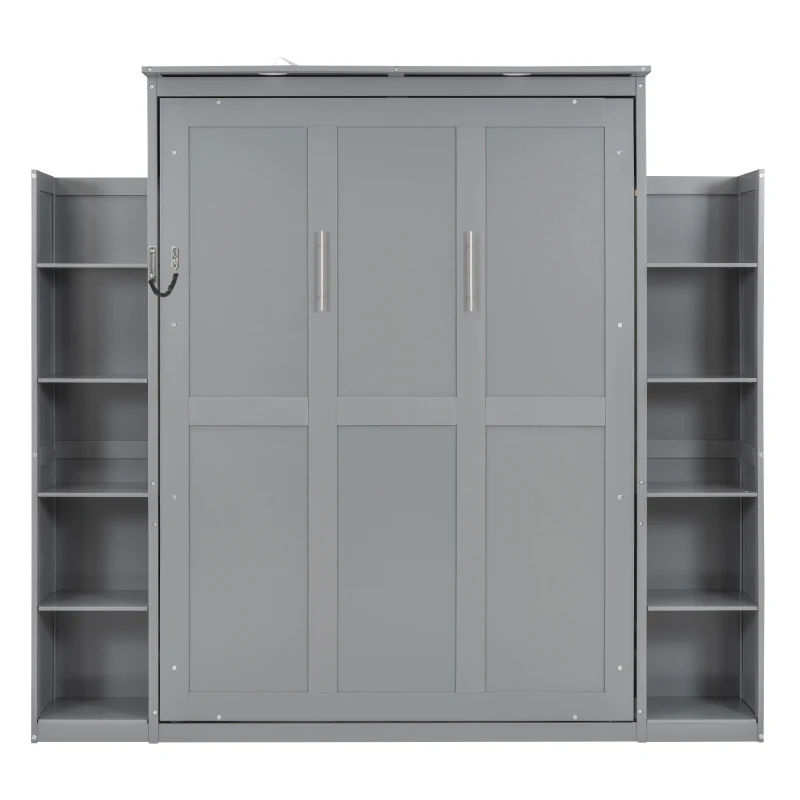 Full Size Murphy Bed with Shelves, LED Lights, Space-Saving Wall Bed with Flexible Slats, Dual Piston Mechanism, 87" L x 81" W x 83.5" H, Grey