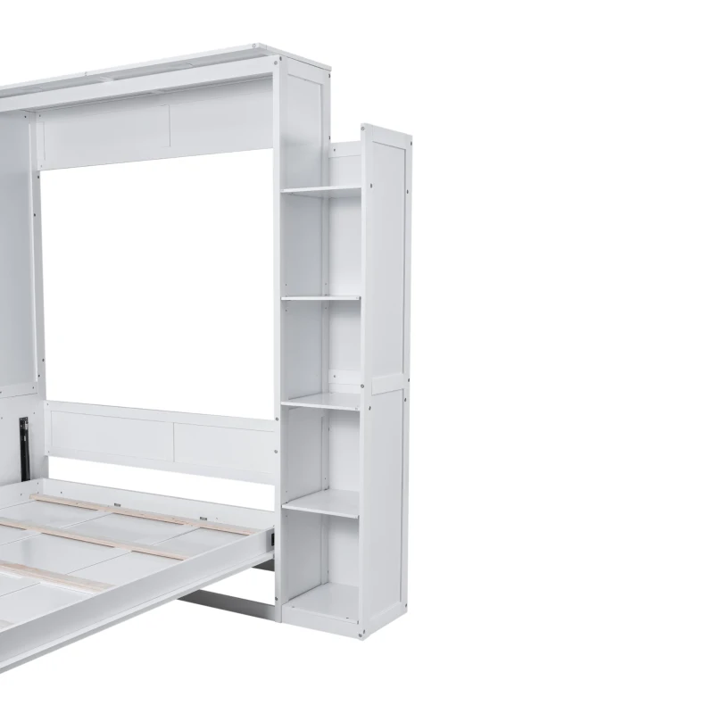Queen Size Murphy Bed with Shelves and LED Lights, Space-Saving Wall Bed with Flexible Slats, 93.5" L x 84.5" W x 88.5" H, White