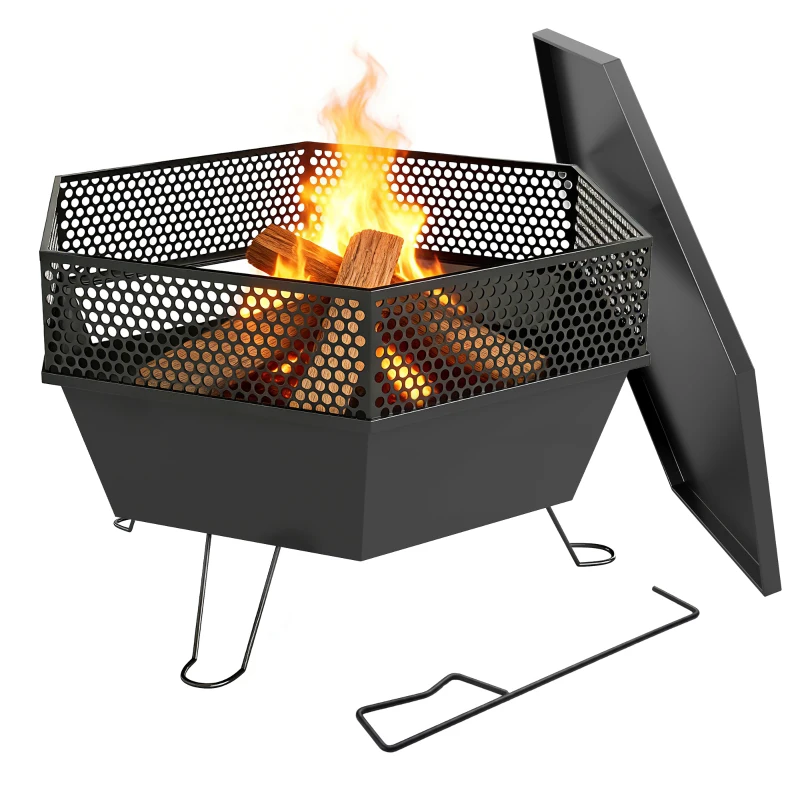 Outsunny 20" Fire Pit with Fire Poker, Foldable Wood Burning Firepits with Lid, Portable Firepit, Black