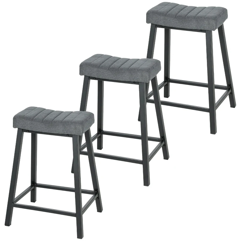 HOMCOM Set of 3 Bar Stools, Velvet Upholstered Counter Stools with Curved Seat and Footrest for Kitchen Island, Grey