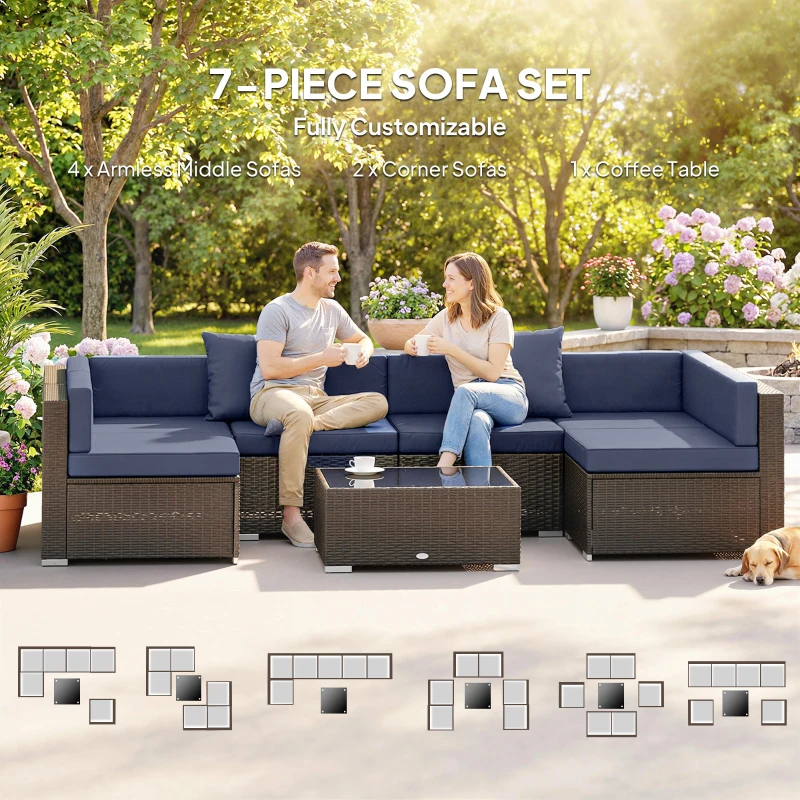 Outsunny 7pc Garden Wicker Sectional Set w/ Tea Table Patio Rattan Lounge Sofa Outdoor Deck Furniture Navy Blue