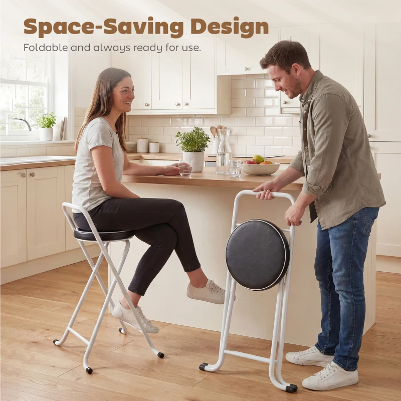 HOMCOM Foldable Bar Stools Set of 2, Folding Kitchen Chairs with PU Cushioned Seat, Footrest, Black