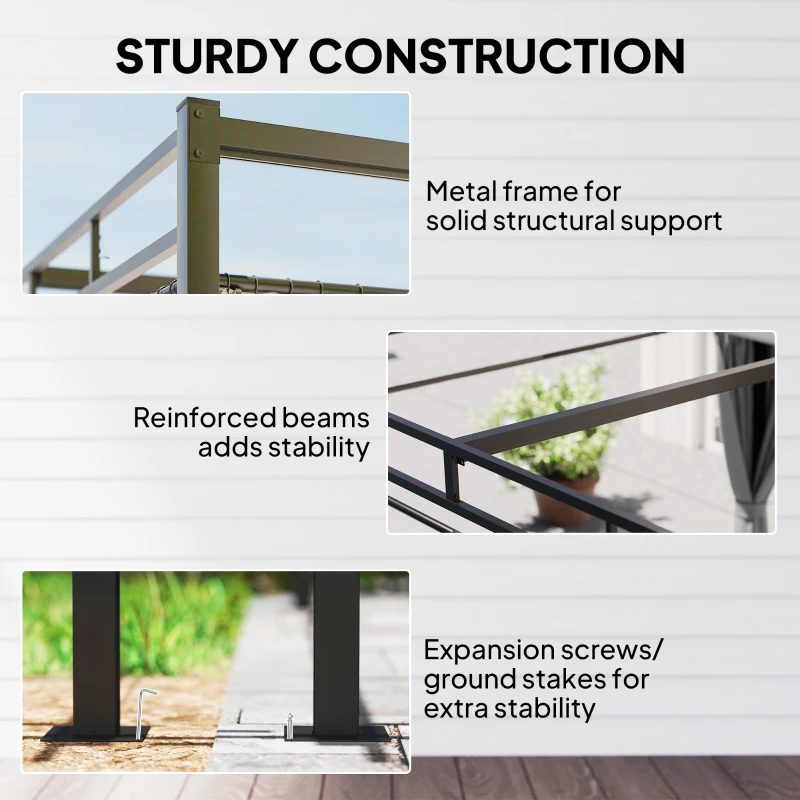 Outsunny 10' x 10' Outdoor Gazebo, Retractable Pergola Canopy with Curtains, UPF30+ Free Standing Metal Pergola Kit, Dark Grey