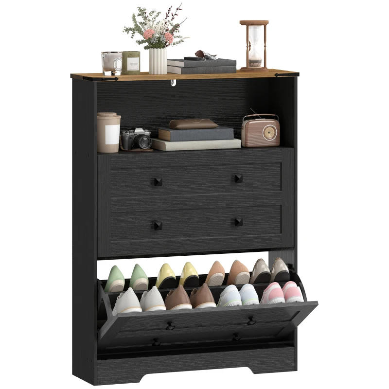 HOMCOM Shoe Cabinet with 2 Flip Drawers, Narrow Shoe Storage Cabinet, Black