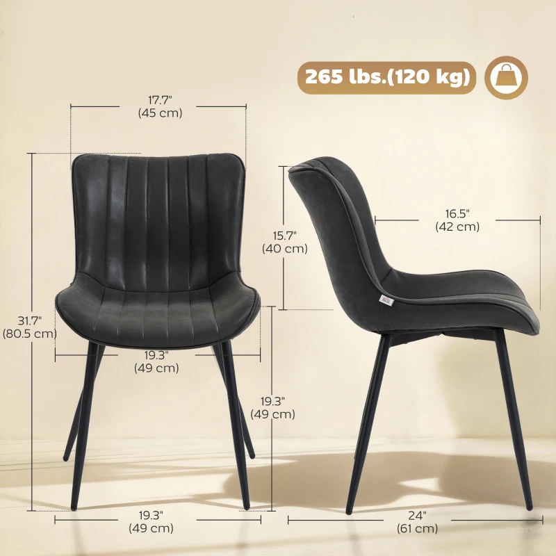 HOMCOM Dining Chairs Set of 2, PU Leather Upholstered Kitchen Chairs with Backrest and Steel Legs, Black