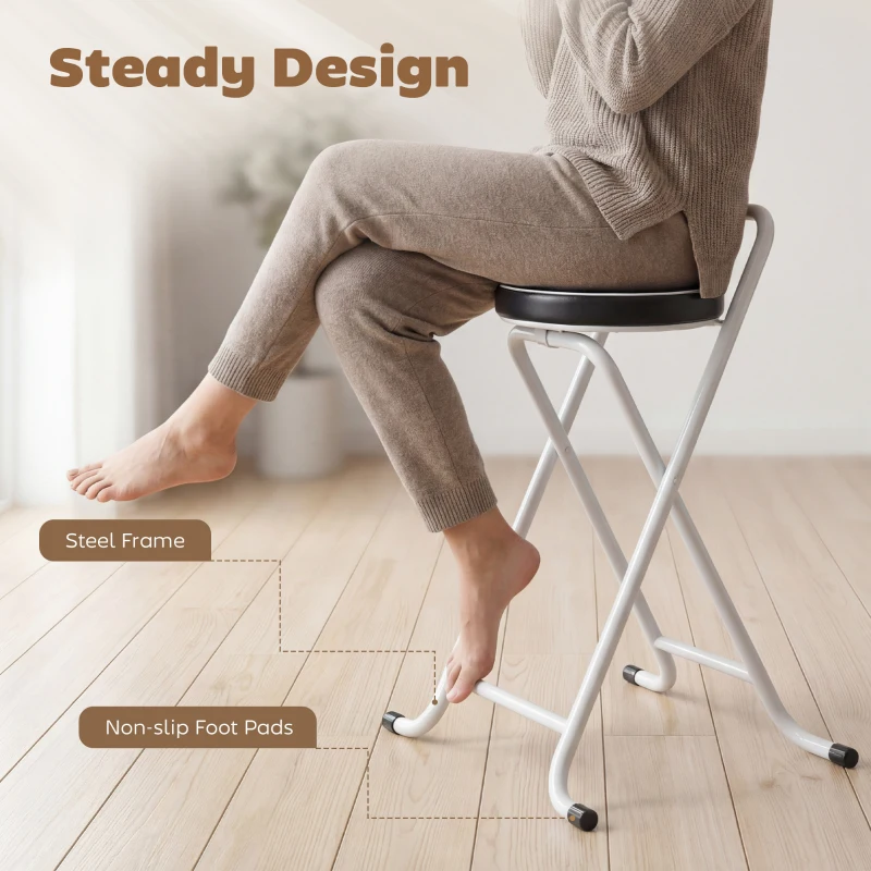 HOMCOM Foldable Bar Stools Set of 2, Folding Kitchen Chairs with PU Cushioned Seat, Footrest, Black