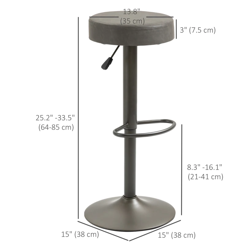 HOMCOM Modern Adjustable Bar Stools Set of 2, Swivel Barstool with Footrest, PU Leather Round Top for Kitchen, Dark Grey