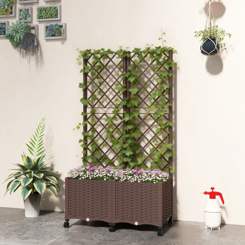 Outsunny Planter Box with Trellis, Self Watering Raised Garden Bed with Lockable Wheels and Drainage Holes, Brown