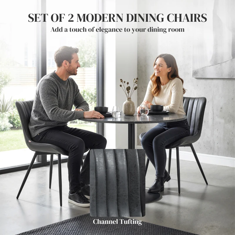 HOMCOM Dining Chairs Set of 2, PU Leather Upholstered Kitchen Chairs with Backrest and Steel Legs, Black