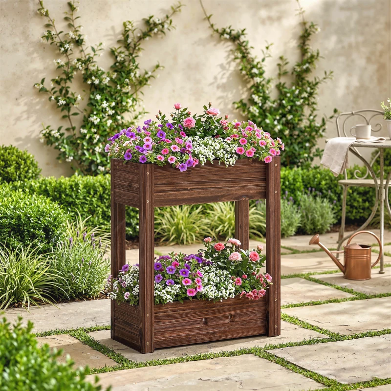 Outsunny 2-Tier Wooden Raised Garden Bed with Legs, 23.6" x 9.8" x 27.6" Elevated Planter Box with Drainage Holes and Bed Liner