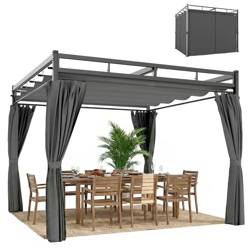 Outsunny 10' x 10' Outdoor Gazebo, Retractable Pergola Canopy with Curtains, UPF30+ Free Standing Metal Pergola Kit, Dark Grey