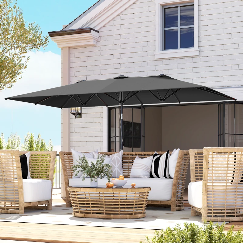 Outsunny Double-Sided Patio Umbrella Parasol with Tilt, Adjustable Height, Vents and 12 Ribs, for Garden, Deck, Grey