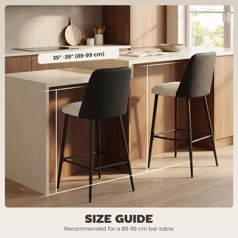 HOMCOM Bar Stools Set of 2, 26" Counter Height Bar Stools with PU Backrest, Linen-look Fabric Seat, Black