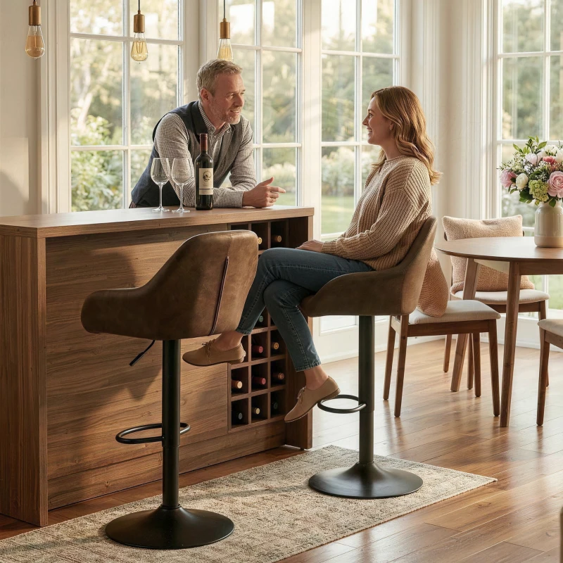 HOMCOM Adjustable Bar Stools Set of 2, Swivel Barstools with Footrest and Back, PU Leather and Steel Round Base, Coffee