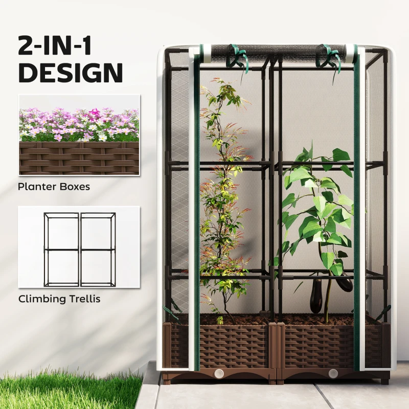 Outsunny Raised Garden Bed with Trellis, 46.5" Tomato Cage with Crop Cage, Self Watering Planter Box with Drainage Holes, White