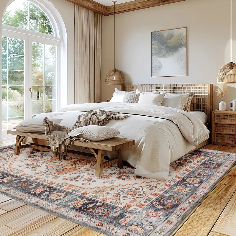 HOMCOM Area Rug 5x7, Machine Washable Rug, Non-Slip Boho Print Pattern Medallion Carpet for Living Room, Bedroom, Tawny Brown