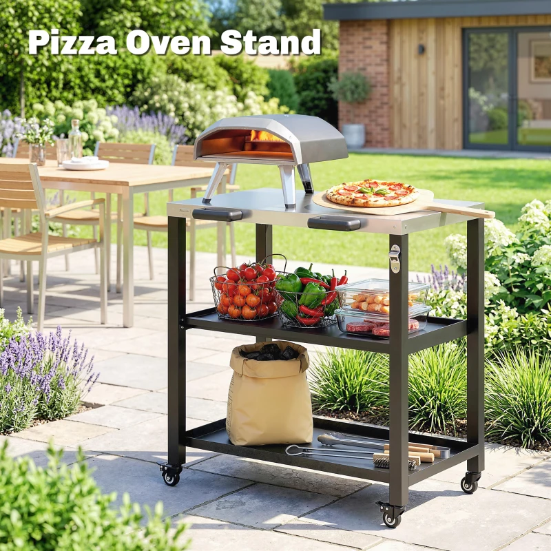 Outsunny Outdoor Grill Cart with Stainless Steel Tabletop, 2 Shelves, Rolling Prep Dining Cart with Lockable Wheels