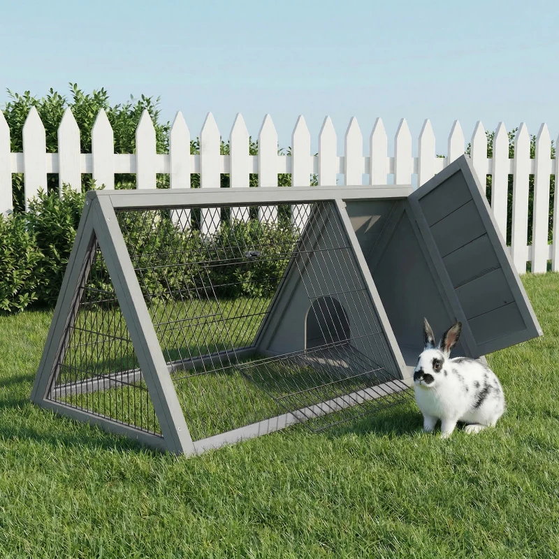 PawHut 46" x 25" Wooden A-Frame Outdoor Rabbit Cage Small Animal Hutch with Outside Run & Ventilating Wire, Grey