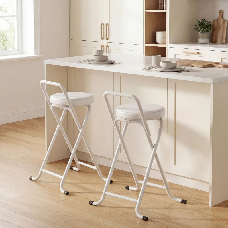 HOMCOM Foldable Bar Stools Set of 2, Folding Kitchen Chairs with PU Cushioned Seat, Footrest, White