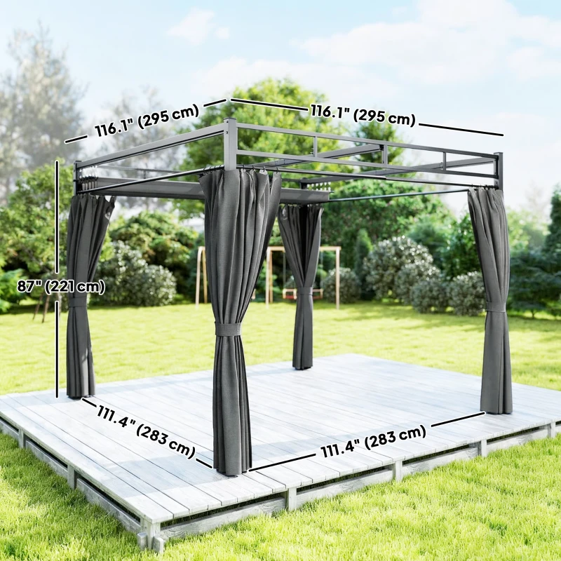 Outsunny 10' x 10' Outdoor Gazebo, Retractable Pergola Canopy with Curtains, UPF30+ Free Standing Metal Pergola Kit, Dark Grey