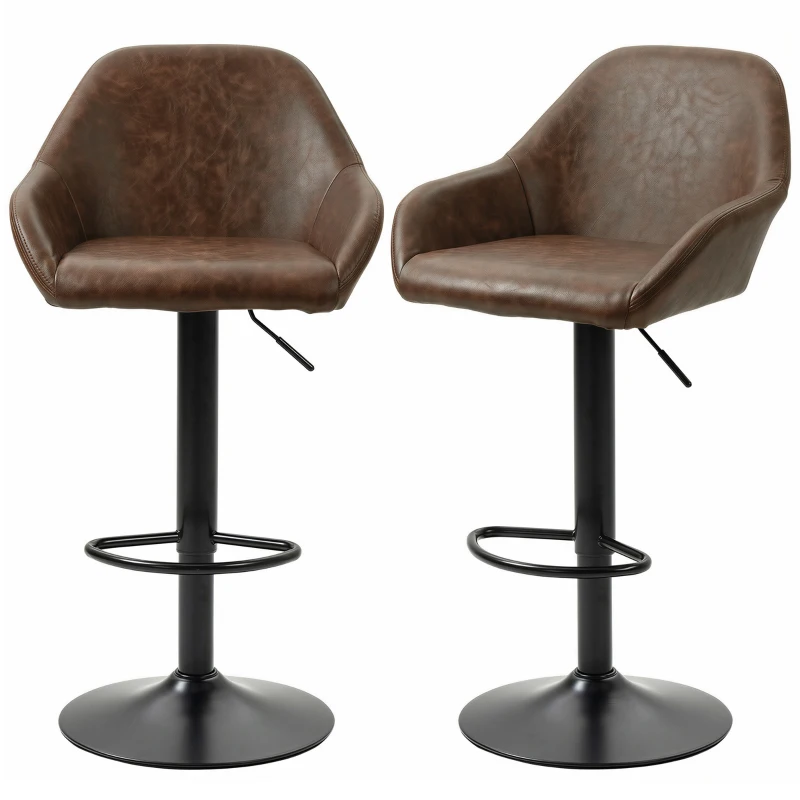 HOMCOM Adjustable Bar Stools Set of 2, Swivel Barstools with Footrest and Back, PU Leather and Steel Round Base, Coffee