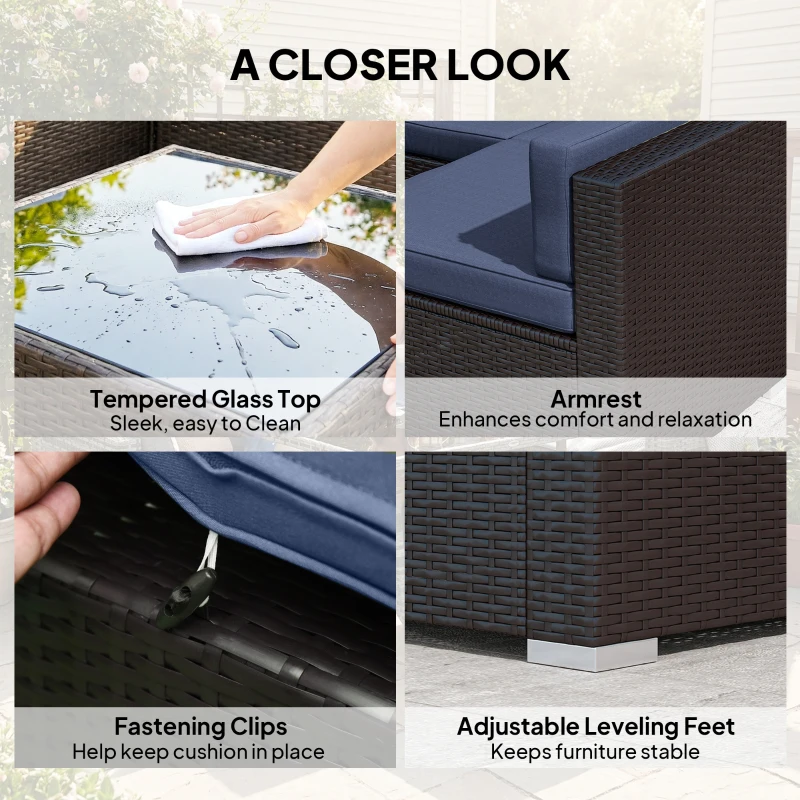 Outsunny 7pc Garden Wicker Sectional Set w/ Tea Table Patio Rattan Lounge Sofa Outdoor Deck Furniture Navy Blue