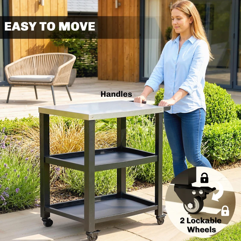 Outsunny Outdoor Grill Cart with Stainless Steel Tabletop, 2 Shelves, Rolling Prep Dining Cart with Lockable Wheels
