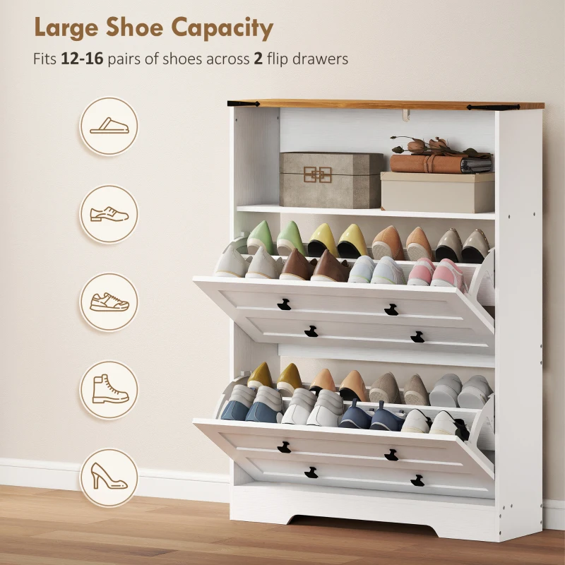 HOMCOM Shoe Cabinet with 2 Flip Drawers, Narrow Shoe Storage Cabinet, White
