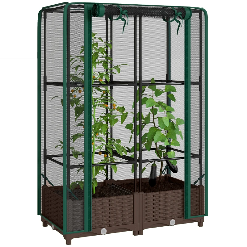 Outsunny Raised Garden Bed with Trellis, 46.5" Tomato Cage with Crop Cage, Self Watering Planter Box with Drainage Holes, Green