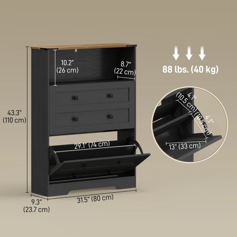 HOMCOM Shoe Cabinet with 2 Flip Drawers, Narrow Shoe Storage Cabinet, Black